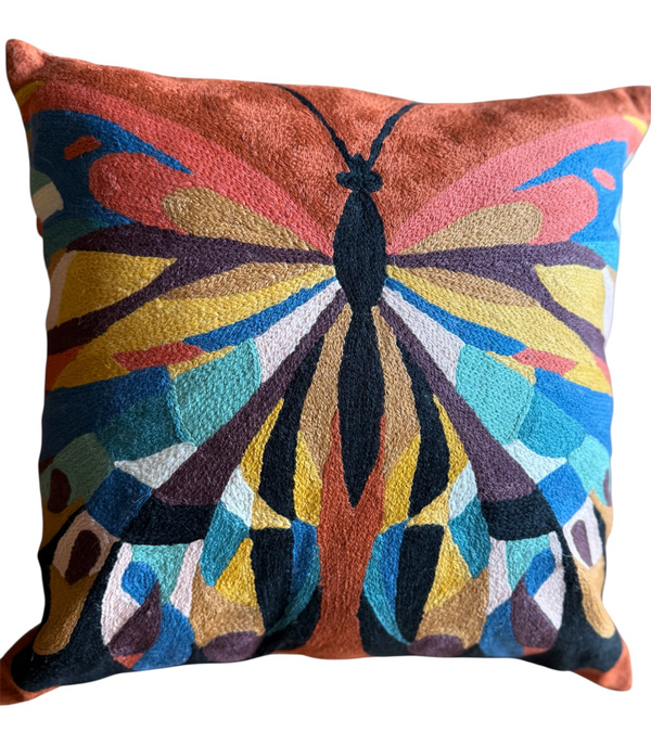 WOOL CHAINSTITCH 18IN PILLOW BUTTERFLY INDIA