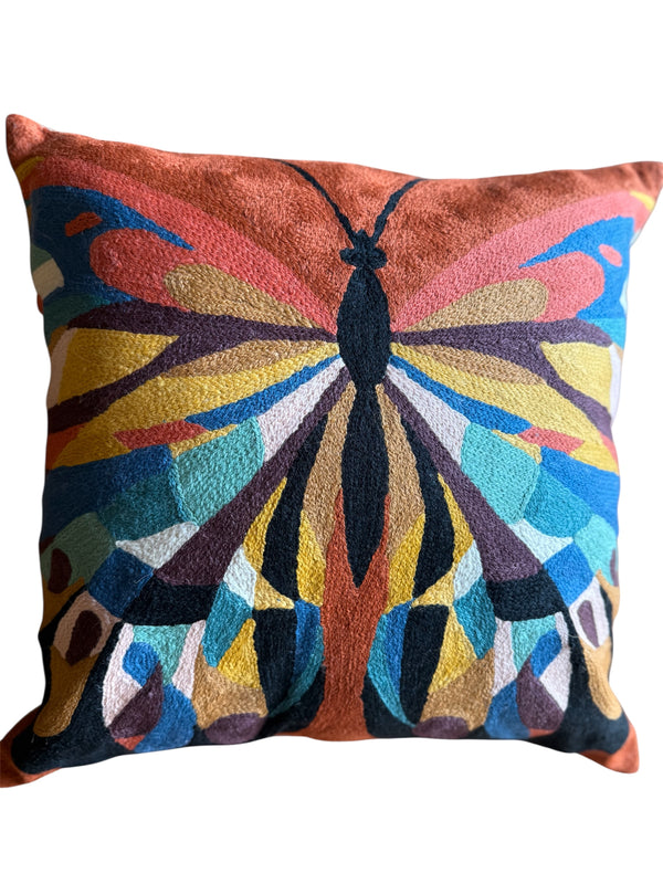 WOOL CHAINSTITCH 18IN PILLOW BUTTERFLY INDIA