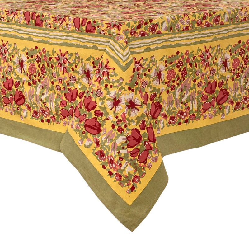 RED/GREEN FRENCH JARDIN BLOCK PRINTED TABLECLOTH MADE IN INDIA