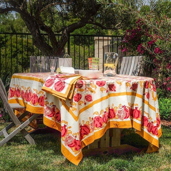 POMEGRANATE YELLOW/RED BLOCK PRINTED TABLECLOTH 100% COTTON MADE IN INDIA