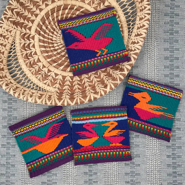 HANDWOVEN BIRD TAPESTRY COASTER SET OF 4 GUATEMALA