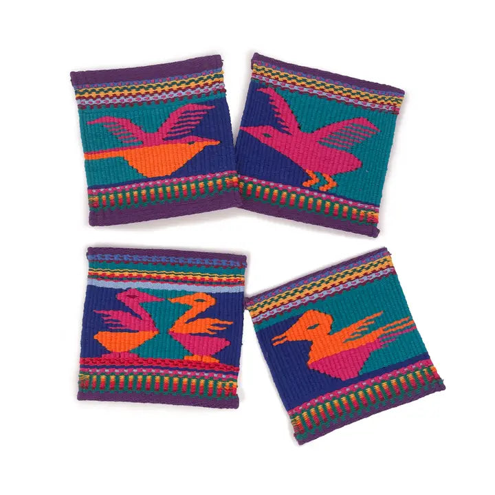 HANDWOVEN BIRD TAPESTRY COASTER SET OF 4 GUATEMALA