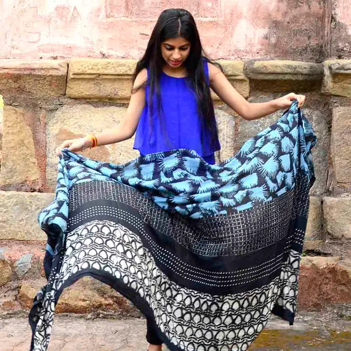 ICHCHA HARI BLOCK PRINTED SILK/COTTON SCARF NATURAL DYES 78x36"