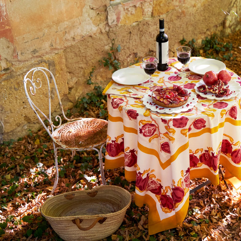 POMEGRANATE YELLOW /RED TABLECLOTH     71 inch SQUARE  INDIA